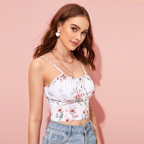

Floral Print Tie Neck Shirred Cami Top