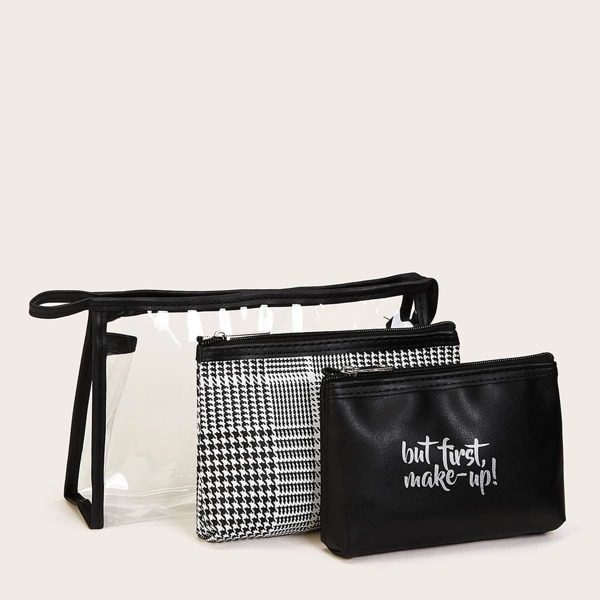 

Letter & Plaid Makeup Bag Set 3pack, Black