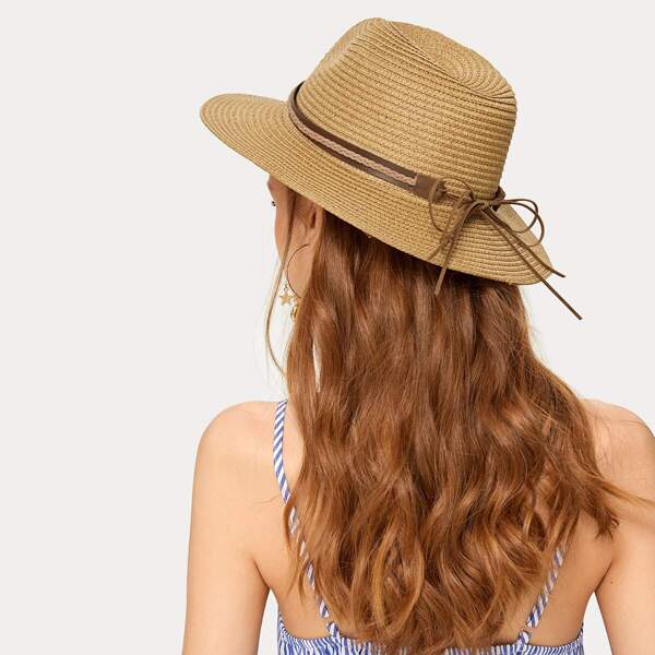 

Bow Knot Decor Straw Hat, Camel