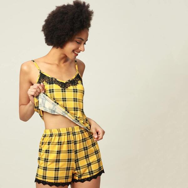 

Eyelash Lace Plaid Cami With Shorts PJ Set, Yellow