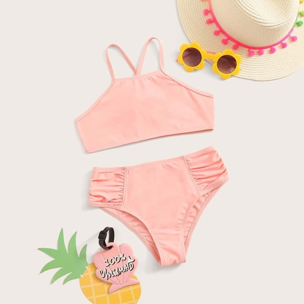 

Girls Criss Cross Top With Ruched Bikini Set, Pink pastel