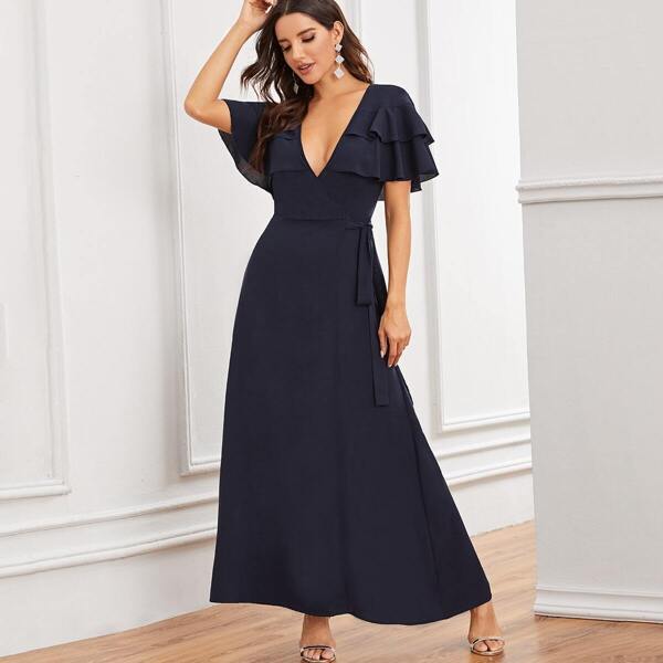 

Ruffle Layered Trim Split Thigh Wrap Knotted Dress