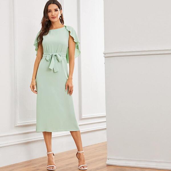 

Solid Belted Cape Dress