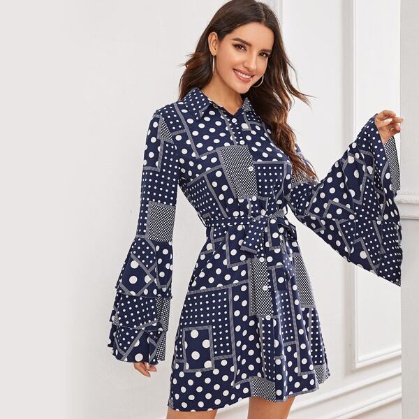 

Polka-dot Flounce Layered Sleeve Belted Dress