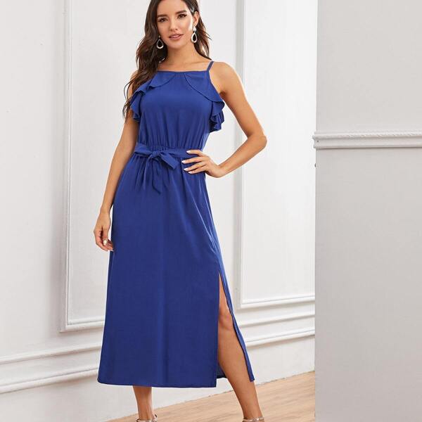 

Solid Split Hem Ruffle Trim Belted Slip Dress