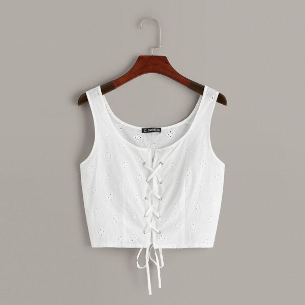 

Lace Up Front Eyelet Embroidered Crop Top, White