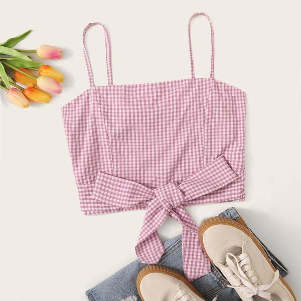 

Gingham Print Knotted Hem Crop Cami Top