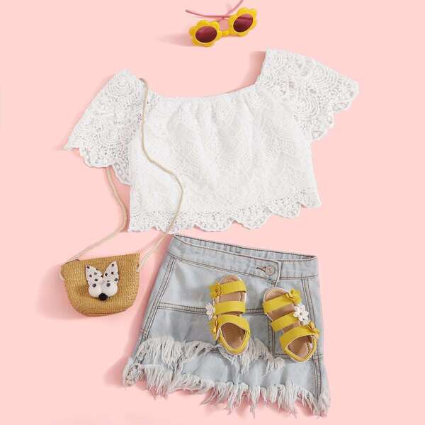 

Girls Scallop Trim Guipure Lace Top