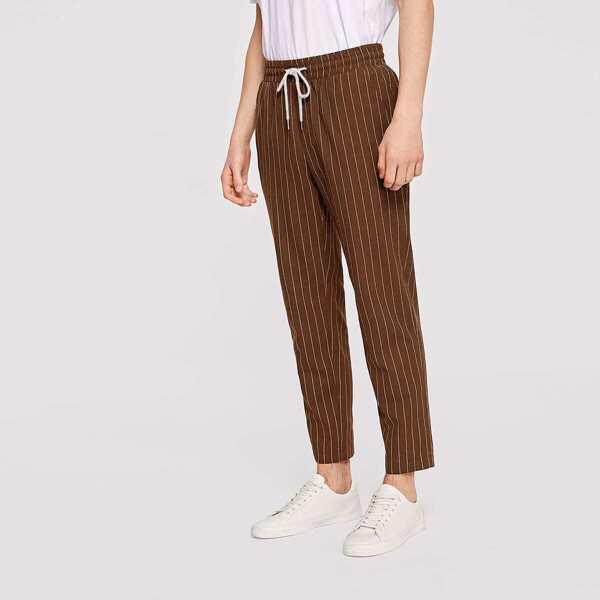 

Men Drawstring Waist Striped Tapered Pants, Brown