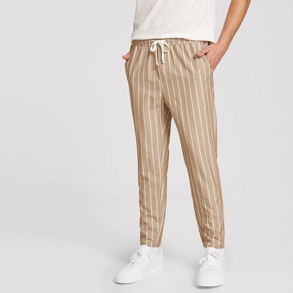 

Men Drawstring Waist Slant Pocket Striped Pants