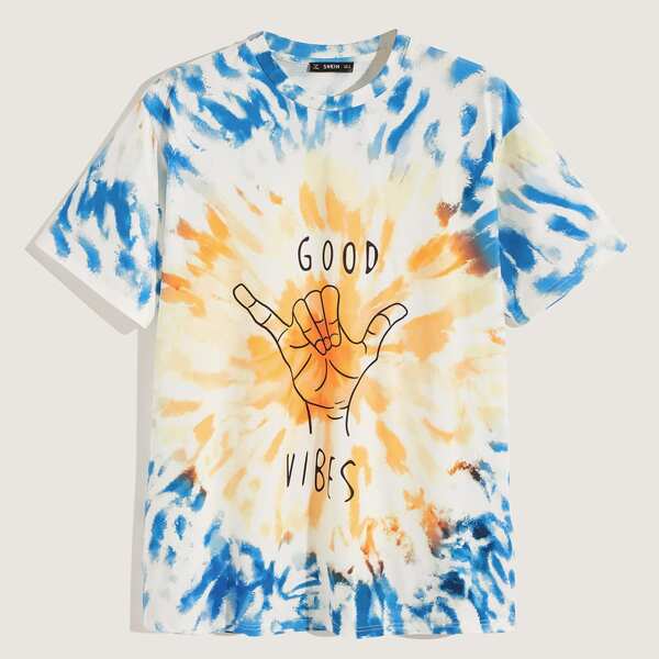 

Men Letter and Gesture Print Tie Dye Top, Multicolor