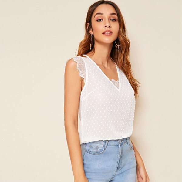

Lace Trim Semi Sheer Swiss Dot Top, White