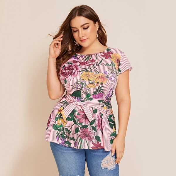 

Plus Striped & Floral Print Belted Top, Multicolor