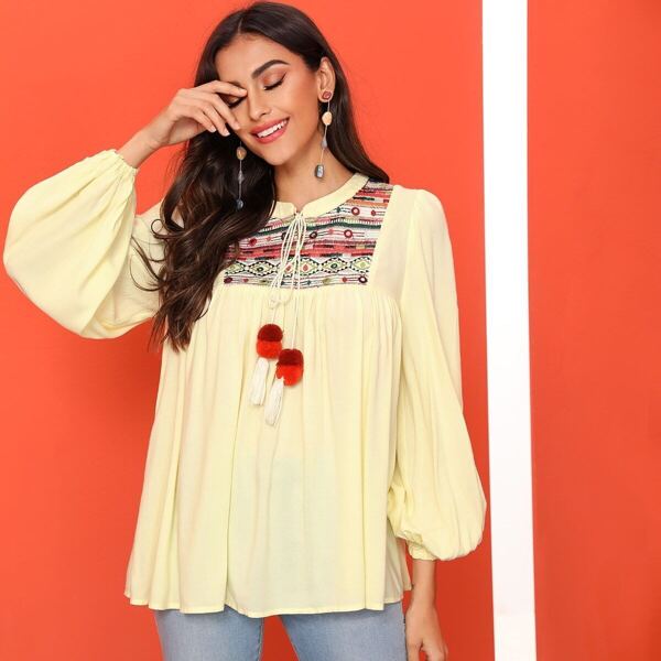 

Embroidery Yoke Lantern Sleeve Pompom Peasant Top, Beige