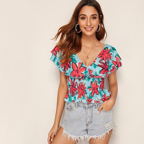 

Floral Print Ruffle Trim Shirred Top, Multicolor