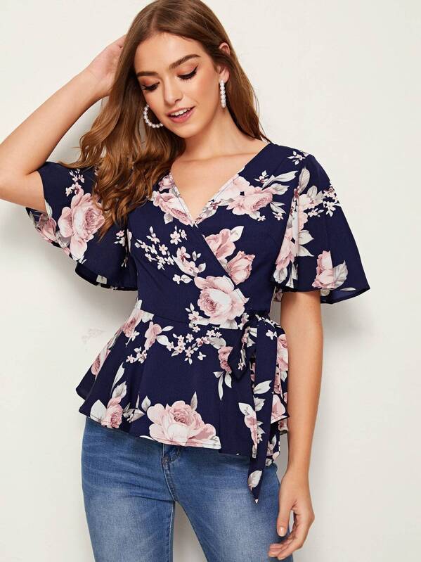 

Floral Print Wrap Knotted Peplum Top, Multicolor, Luiza