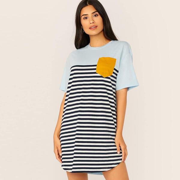

Pocket Patched Curved Hem Striped Dress