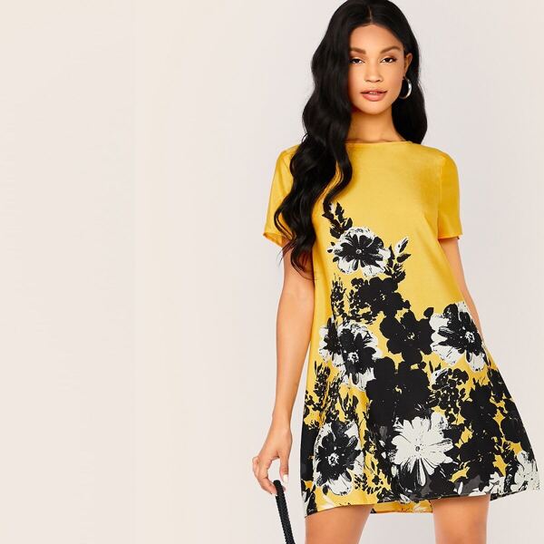 

Floral Print Tunic Dress, Mustard yellow