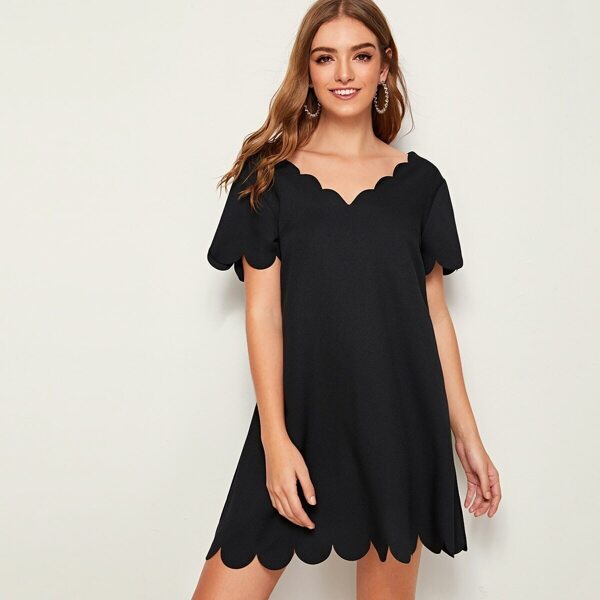 

Solid Scalloped Trim Tunic Dress