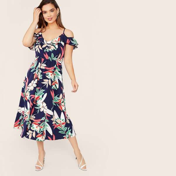 

Plus Plants Print Ruffle Trim Cold Shoulder Dress, Multicolor
