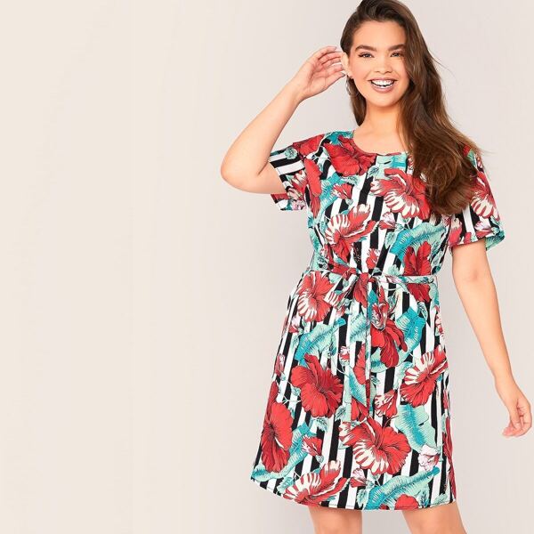 

Plus Striped & Tropical Print Belted Dress