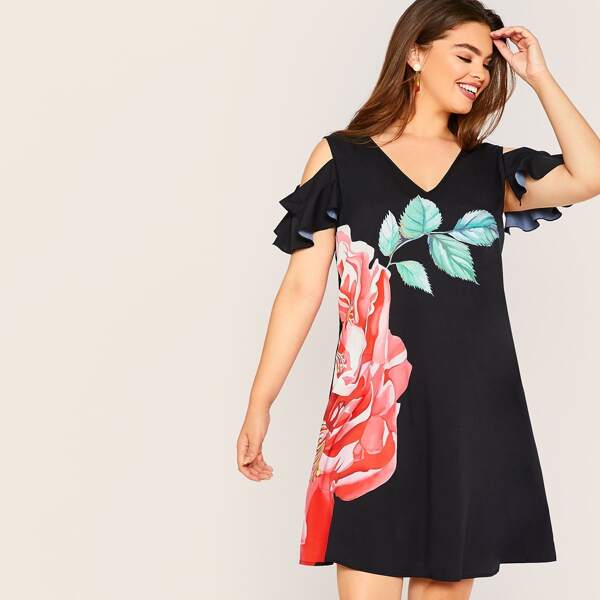

Plus Cold Shoulder Ruffle Trim Floral Print Dress, Black