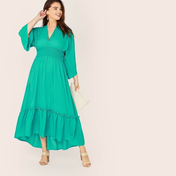 

Plus Shirred Waist Frill Trim Smock Dress, Green