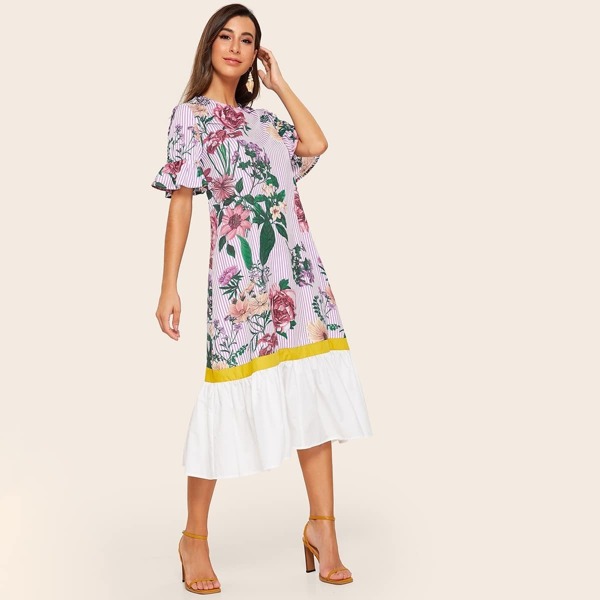 

Ruffle Cuff Striped & Floral Print Flounce Dress