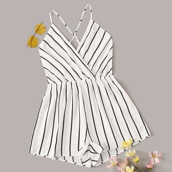 

Plus Crisscross Back Striped Romper, Black and white