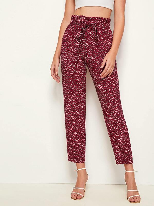 

Paperbag Waist Ditsy Floral Pants, Burgundy, Luiza