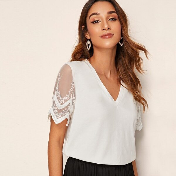 

Solid V Neck Embroidered Mesh Sleeve Top, White
