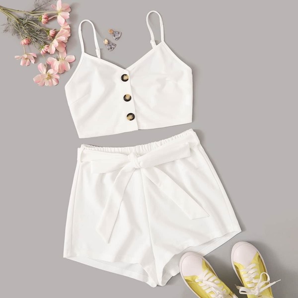

Solid Button Front Cami Top & Paperbag Waist Shorts Set