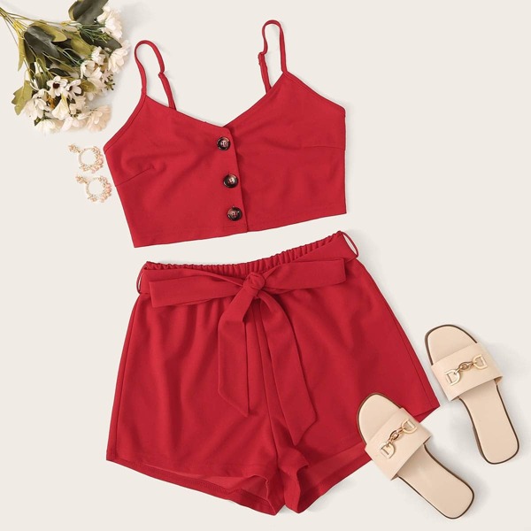 

Solid Button Front Cami Top & Paperbag Waist Shorts Set, Red bright