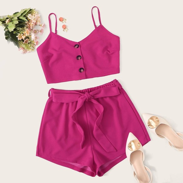

Buttoned Cami Top & Self Belted Shorts Set, Pink bright