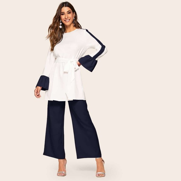 

Two Tone Belted Top & Wide Leg Pants Set, Multicolor