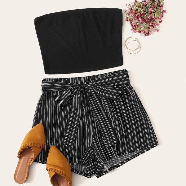 

Plus Bandeau Rib-knit Top & Belted Striped Shorts Set, Black