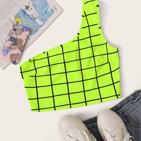 

Neon Green Grid Print One Shoulder Top, Green bright