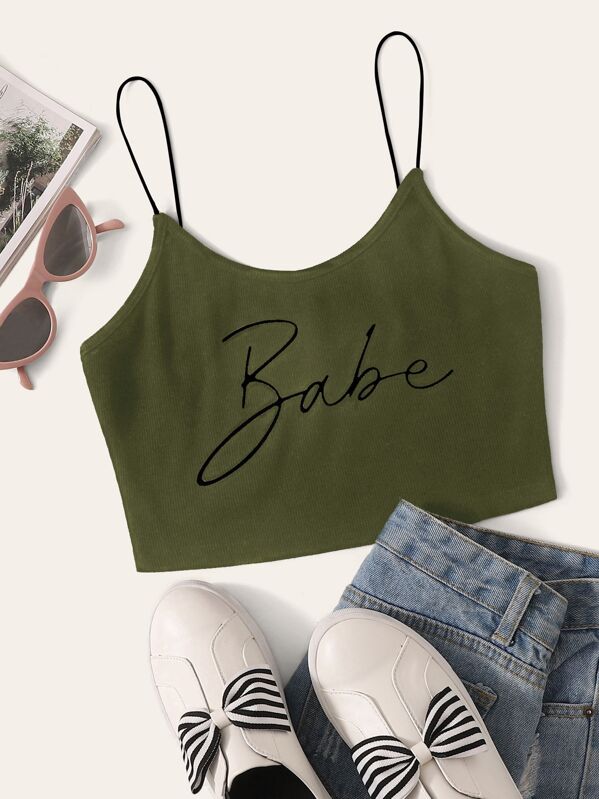 

Letter Rib-knit Crop Cami Top, Army green