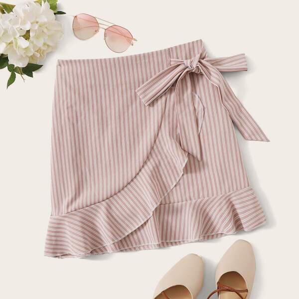 

Striped Ruffle Hem Tie Front Skirt