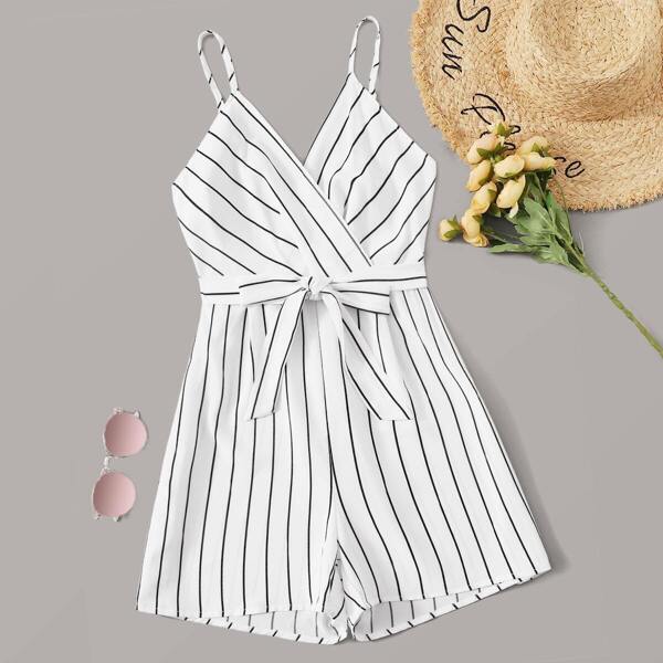 

Striped Print Belted Cami Romper, Black and white