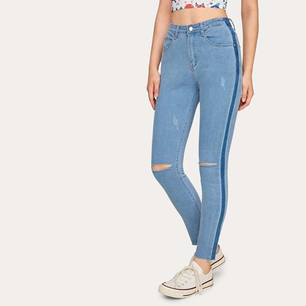 

Ripped Raw Hem Skinny Jeans, Blue