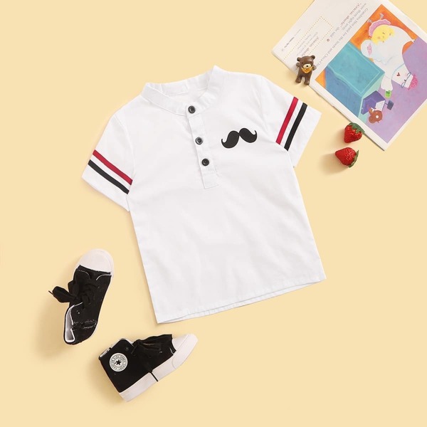 

Toddler Boys Moustache Print Button Front Striped Tee
