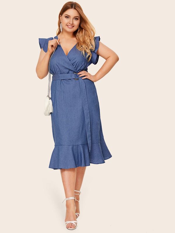 

Plus V-neck Belted Ruffle Hem Denim Dress, Blue, Nora