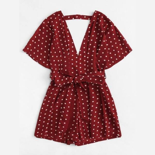 

Plus V-neck Polka Dot Belted Romper, Burgundy