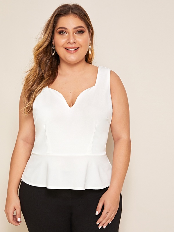 

Plus Sweetheart Neck Zip Back Ruffle Hem Top, White, Carol