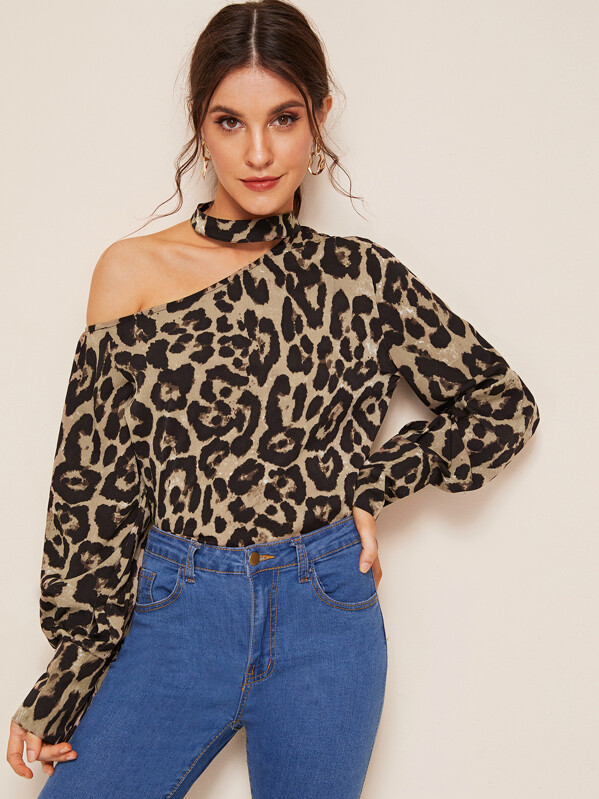 

Leopard Print Asymmetrical Neck Halter Top, Multicolor, Vikie