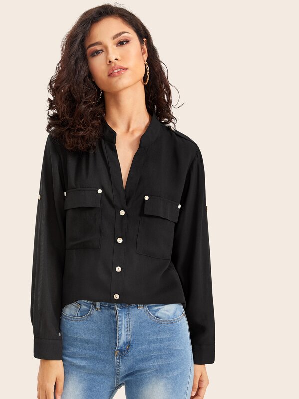 

Button Front Pocket Front Solid Blouse, Black, Gessila