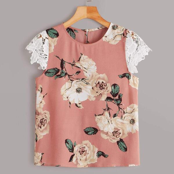 

Contrast Lace Sleeve Floral Print Blouse