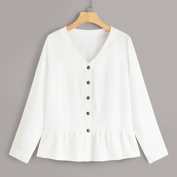 

V-neck Button Front Peplum Blouse