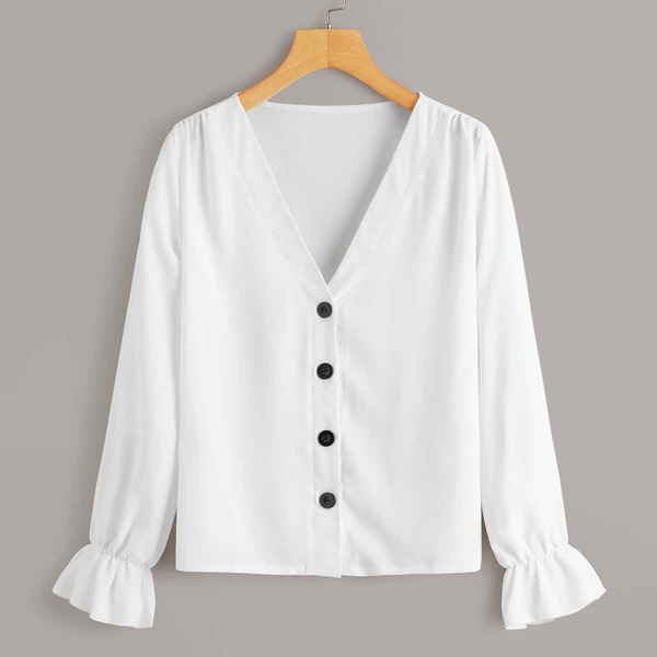 

V-neck Flounce Sleeve Button Front Blouse